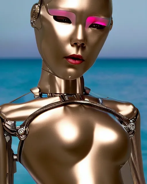 Prompt: Photorealistic Hajime Sorayama designed Beautiful Robot woman who’s skin is reflective chrome relaxes at the beach in a Mario Testino Style Photograph