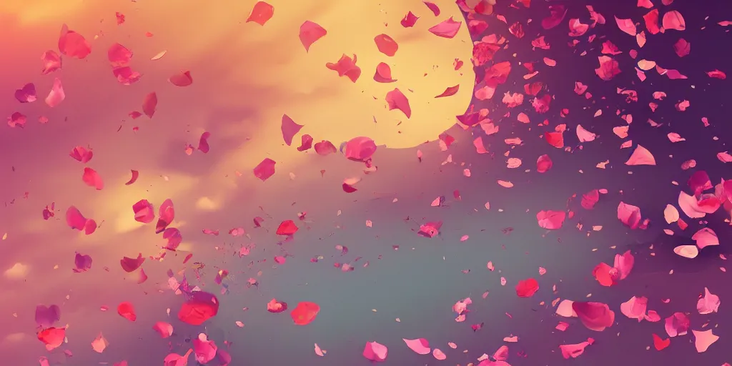 Prompt: background art of spaciously scattered flower petals flowing and floating through the air from left to right on a simple sunset background, large individual rose petals, polygonal fragments, anime, artgerm, manga, trending on artstation, art nouveau, mature color scheme