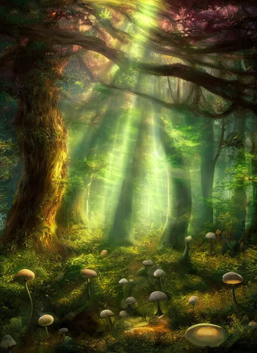 Image similar to painting of magic mushrooms , mysterious forest, beautiful lighting, god rays, fantasy art, matte painting