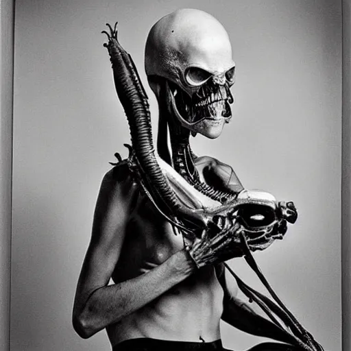 Prompt: alien dissection, wide angle, black and white photo by Joel Peter Witkin n- 6