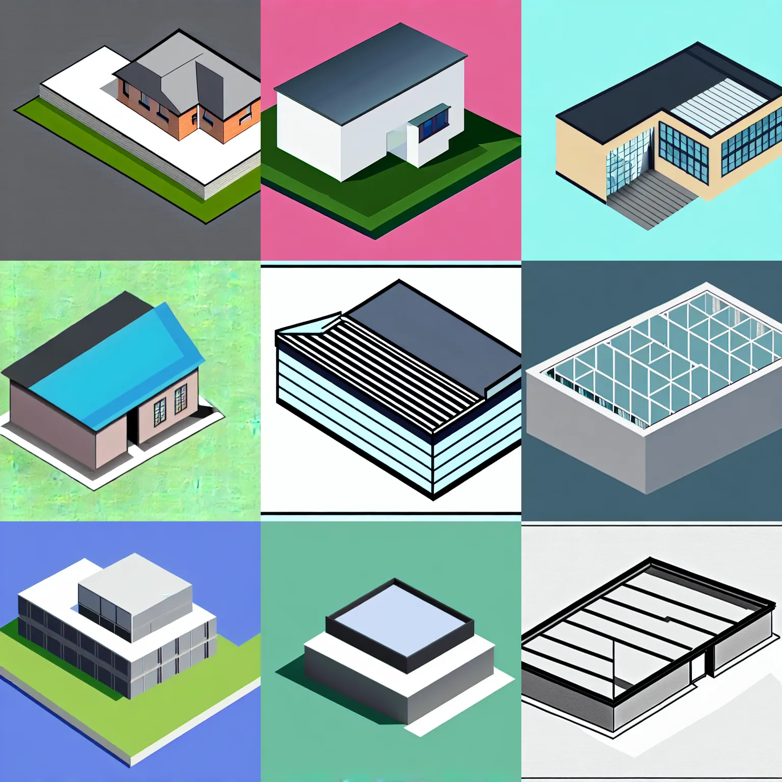 Prompt: a isometric drawing of a building with [ flat roof ]