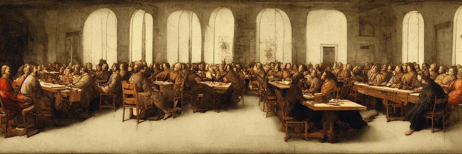 Image similar to a beautiful Leonardo Vavinci illustration of a table where smart people sit and listen to a TED lecture