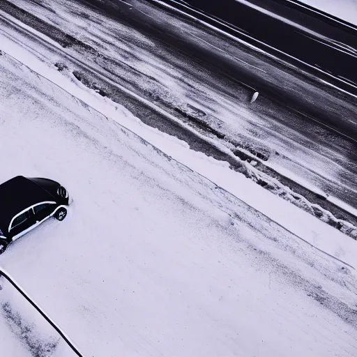 Prompt: an isometric view of a snowy parking lot, one lone car, film still, cinematic