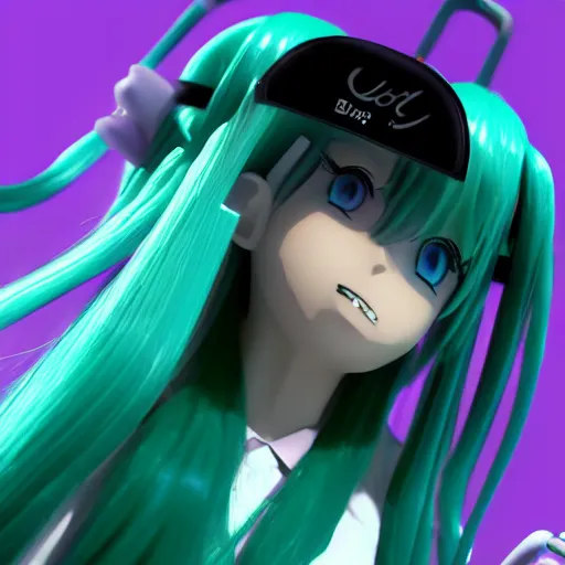 Image similar to hatsune miku high on weed with bloodshot baggy eyes smoking with a vape pen, 3 d render, 4 k
