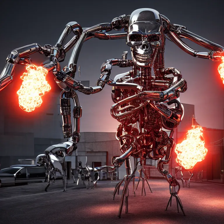 Image similar to terminator endoskeleton with four behind it, chrome, shiny, reflective, metallic, 3 d render, 3 d rendered, hdr, unreal engine 5, ray tracing, dramatic lighting, flame colors bright, high detail,