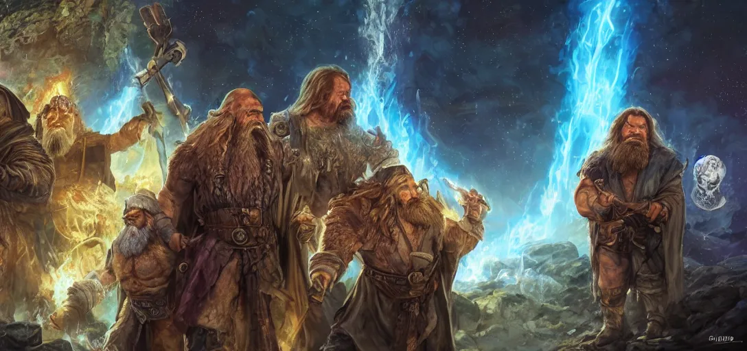 Prompt: Eitri (played by Peter Dinklage), Gimli (played by John Rhys-Davies), and Papa Smurf (played by Kenny Rogers). Cosmic crime fighting trio. beside glowing fire in cave. outer space background visible through cave entrance. Volumetric lighting. by Stanley Artgerm Lau, WLOP, Rossdraws, James Jean, Andrei Riabovitchev, Marc Simonetti, and Sakimichan, trending on artstation