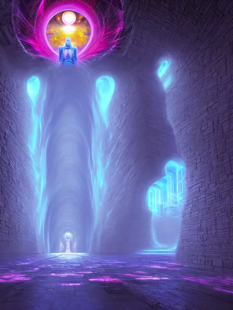 Prompt: entrance to ethereal realm, buda enlightenment, rendered in unreal engine, central composition, symmetrical composition, dreamy colorful cyberpunk colors, 6 point perspective, fantasy landscape with anthropomorphic!!! terrain!!! in the styles of igor morski, jim warren and rob gonsalves, intricate, hyperrealistic, volumetric lighting, neon ambiance, distinct horizon