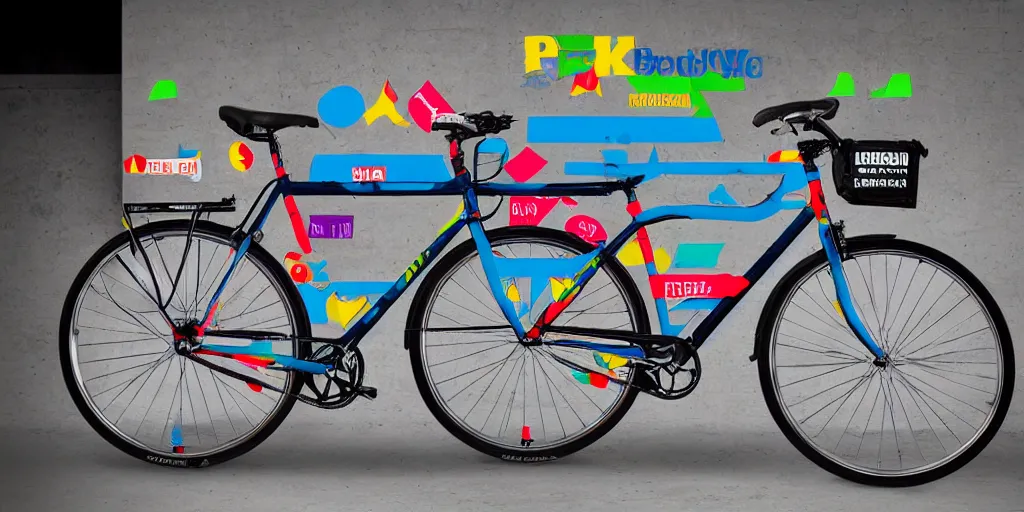 Prompt: Klein Adroit bicycle, covered in brand logos, multiple bright colors, lightbox