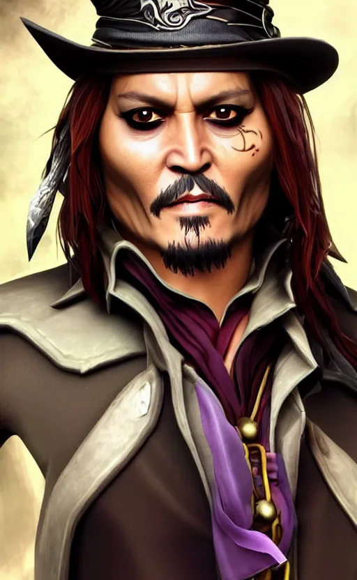 Image similar to Johnny Depp as a character in the game League of Legends, with a background based on the game League of Legends, detailed face, old 3d graphics