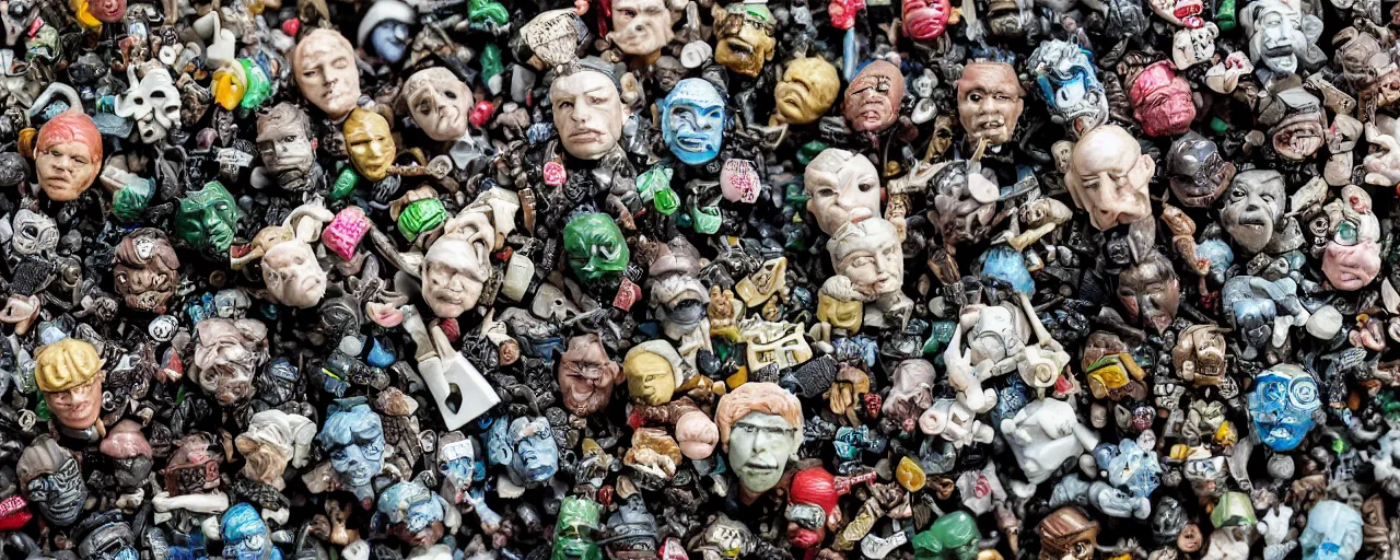 Image similar to a close up of a piece of plastiglomerate made from warhammer figures and korean beauty face masks, photographic, highly detailed