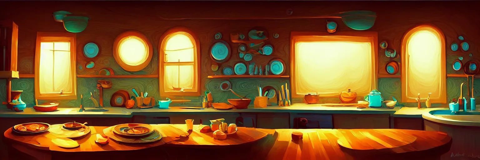 Prompt: fisheye spiral lines, naive nerikomi, extra narrow, detailed illustration of a kitchen dimly lit by rhads from lorax movie, trending artstation, wood texture