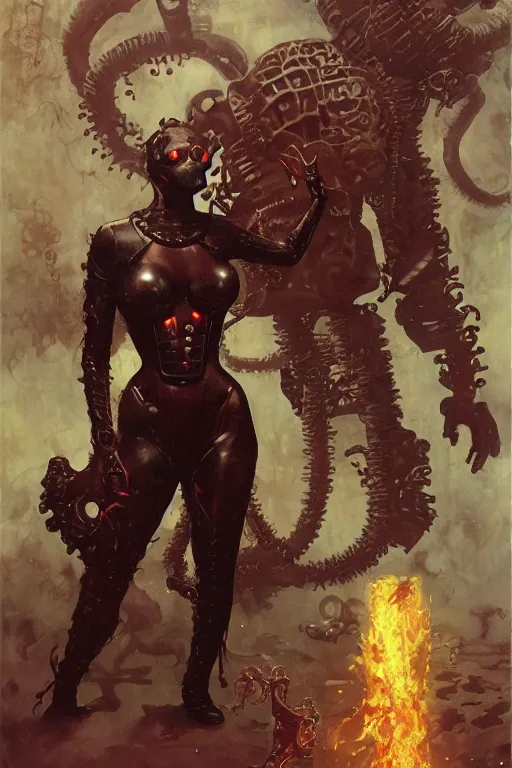 Prompt: iron fisted lovecraftian demon standing beside elegant lady wearing a latex spacesuit, by norman rockwell, jack kirby, jon berkey, earle bergey, craig mullins, ruan jia, jeremy mann, tom lovell, marvel, astounding stories, 5 0 s pulp illustration, scifi, fantasy, artstation creature concept