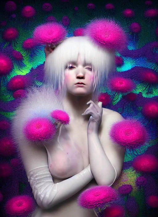 Image similar to hyper detailed 3d render like a Oil painting - kawaii portrait Aurora (white haired Singer Ferret) seen Eating of the Strangling network of yellowcake aerochrome and milky Fruit and Her delicate Hands hold of gossamer polyp blossoms bring iridescent fungal flowers whose spores black the foolish stars by Jacek Yerka, Mariusz Lewandowski, Houdini algorithmic generative render, Abstract brush strokes, Masterpiece, Edward Hopper and James Gilleard, Zdzislaw Beksinski, Mark Ryden, Wolfgang Lettl, hints of Yayoi Kasuma, octane render, 8k