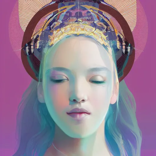 Image similar to a portrait of a very beautiful goddess with halo behind her head, looking in front, in the style of WLOP and Hsiao-Ron Cheng and Ross Tran