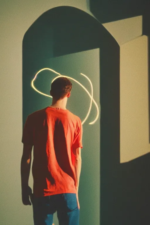 Image similar to kodak portra 4 0 0 photograph of a skinny guy looking into a bright otherworldly swirling glowing portal, back view, vaporwave colors, grain, moody lighting, moody aesthetic,