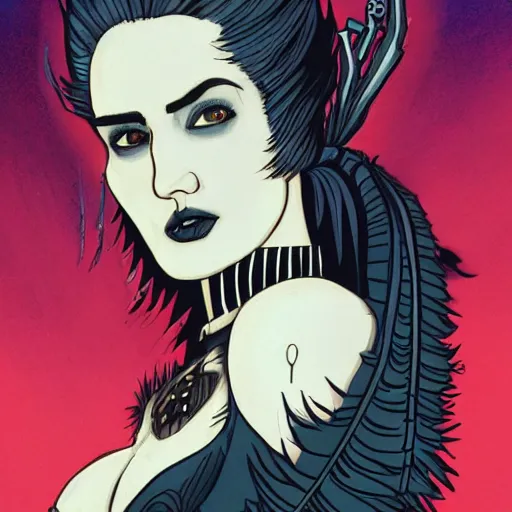 Image similar to Jennifer Connelly as dark angel gothic atompunk evil Disney villain queen with black feather hair, feathers growing out of skin, in front of space station window, Mike mignola, trending on artstation, comic book cover, illustration