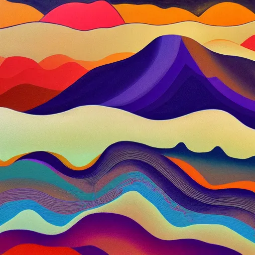 Image similar to A wild modernist landscape painting. Wild energy patterns rippling in all directions. Curves, organic. Saturated color. Mountains. Clouds. Textured surface. Rushing water.