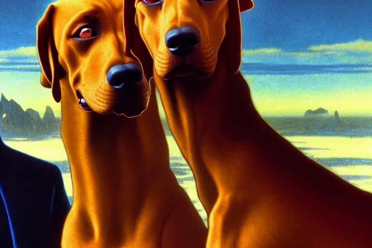 Image similar to realistic detailed closeup portrait movie shot of an elegant blond male vampire with a doberman on a leash, sci fi landscape background by denis villeneuve, amano, yves tanguy, alphonse mucha, max ernst, edward robert hughes, roger dean, rich moody colours, dog teeth, blue eyes