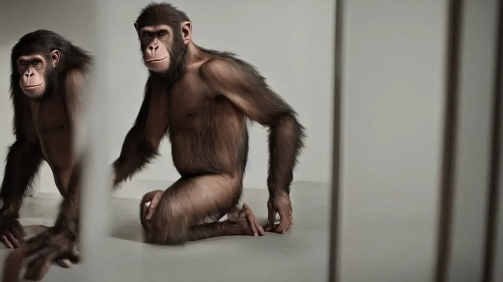 Image similar to a human ape hybrid in college dorm, film still from the movie directed by Denis Villeneuve with art direction by Salvador Dalí, wide lens