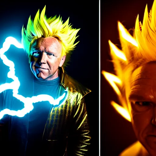 Image similar to uhd candid photo of alex e. jones as a super sayian, glowing, global illumination, studio lighting, radiant light, detailed, correct face, elaborate intricate costume. photo by annie leibowitz