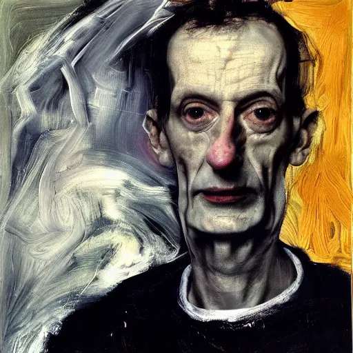 Image similar to portrait of medici emerging from the dark void, lonely figure in the darkness, soft lighting, painted by Adrian Ghenie El Greco, painted by Lucian Freud, polaroid, Renaissance, John Singer Sargant, glitch,--height 768