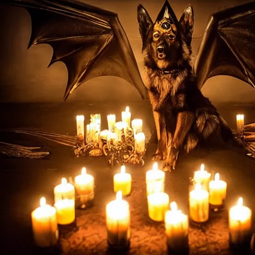 Image similar to gothic ritual with many golden candles, german shepherd with dragon wings in gothic makeup performing ritual, gloomy, candlelight, intricate detail faces, fireplace wide angle shot photograph