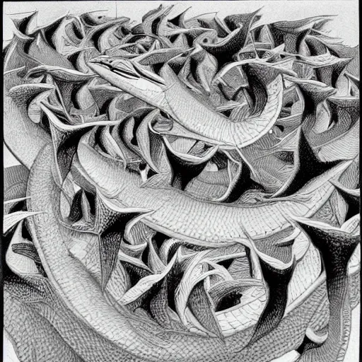 Image similar to a whirlpool of fish by mc escher, black and white, highly detailed