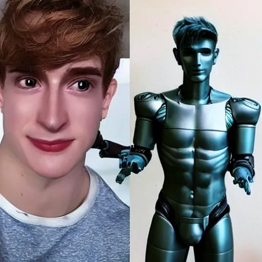 Image similar to “a realistic detailed photo of a guy who is an attractive humanoid who is half robot and half humanoid, who is a male android, twitch streamer Ninja Tyler Blevins, shiny skin, posing like a statue, blank stare, living room, display”