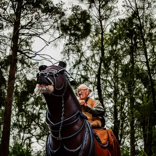 Prompt: portrait of an elderly man riding a fantastical creature, canon eos r 3, f / 1. 4, iso 2 0 0, 1 / 1 6 0 s, 8 k, raw, unedited, symmetrical balance, wide angle