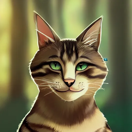 Image similar to portrait of a cat in a forest, by kawacy, trending on artstation, backlighting, sunlight, trending on pixiv, bokeh, furry art