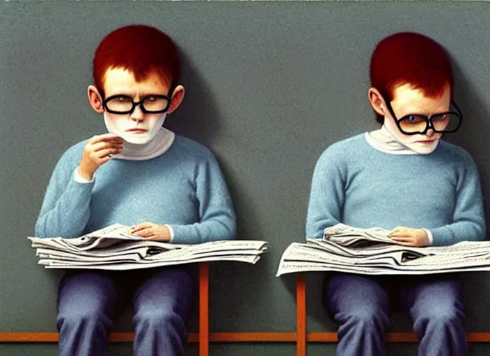 Image similar to a very boring day in school, kids wearing identical clothes reading newspapers, painting by quint buchholz and ray caesar, muted colors, gray, dull, boring, low energy, pale blue faces, very detailed