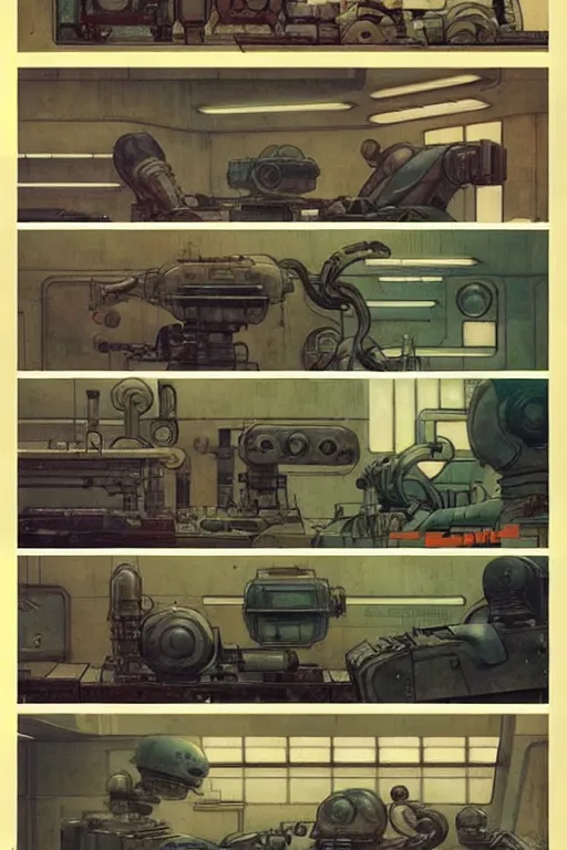 Prompt: comic book irregular page layout ( ( ( ( ( 1 9 5 0 s retro future robot lab interior. muted colors. ) ) ) ) ) by jean - baptiste monge!!!!!!!!!!!!!!!!!!!!!!!!!!!!!!