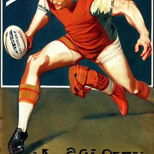 Image similar to 1920s magazine advertisement featuring a handsome blonde rugby player in a running pose, rugby ball in the crook of his arm, full color painting by J.C. Leyendecker