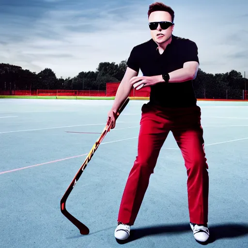 Prompt: picture of elon musk wearing sunglasses playing hockey, good lighted photo, sharp details, detailed, hd, hdr