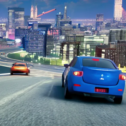 Image similar to a car driving down a road with a city in the background, a screenshot, featured on cg society, playstation 5 screenshot