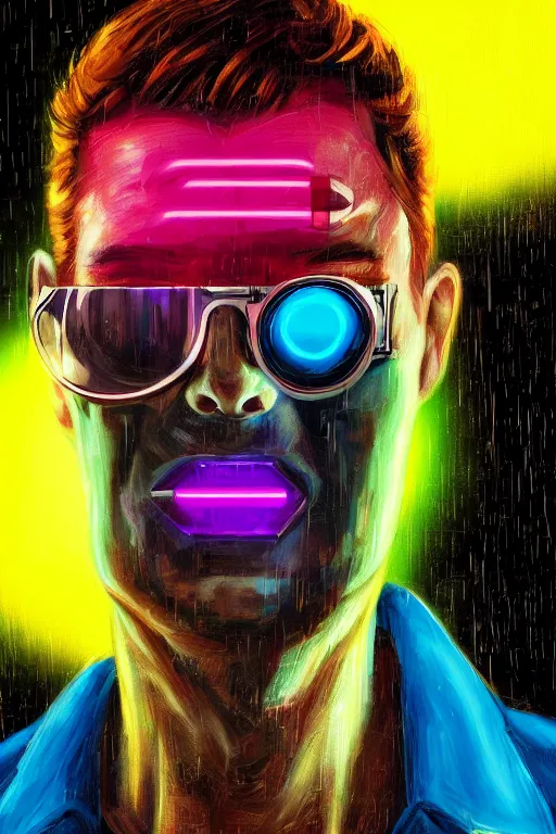 Image similar to detailed portrait of a cyberpunk male with face augmentations, strong neon lighting, raining, mysterious, mirror shades, by glenn fabry, hyper realistic, HD, oil on canvas