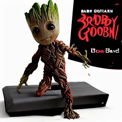 Image similar to baby groot and random japanese color with red and black colors as pop smoke album cover