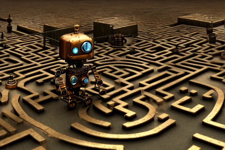 Image similar to a single steampunk robot in a maze by otto dix, tilt shift, ultra realistic, unreal engine, trending on artstation, 4 k