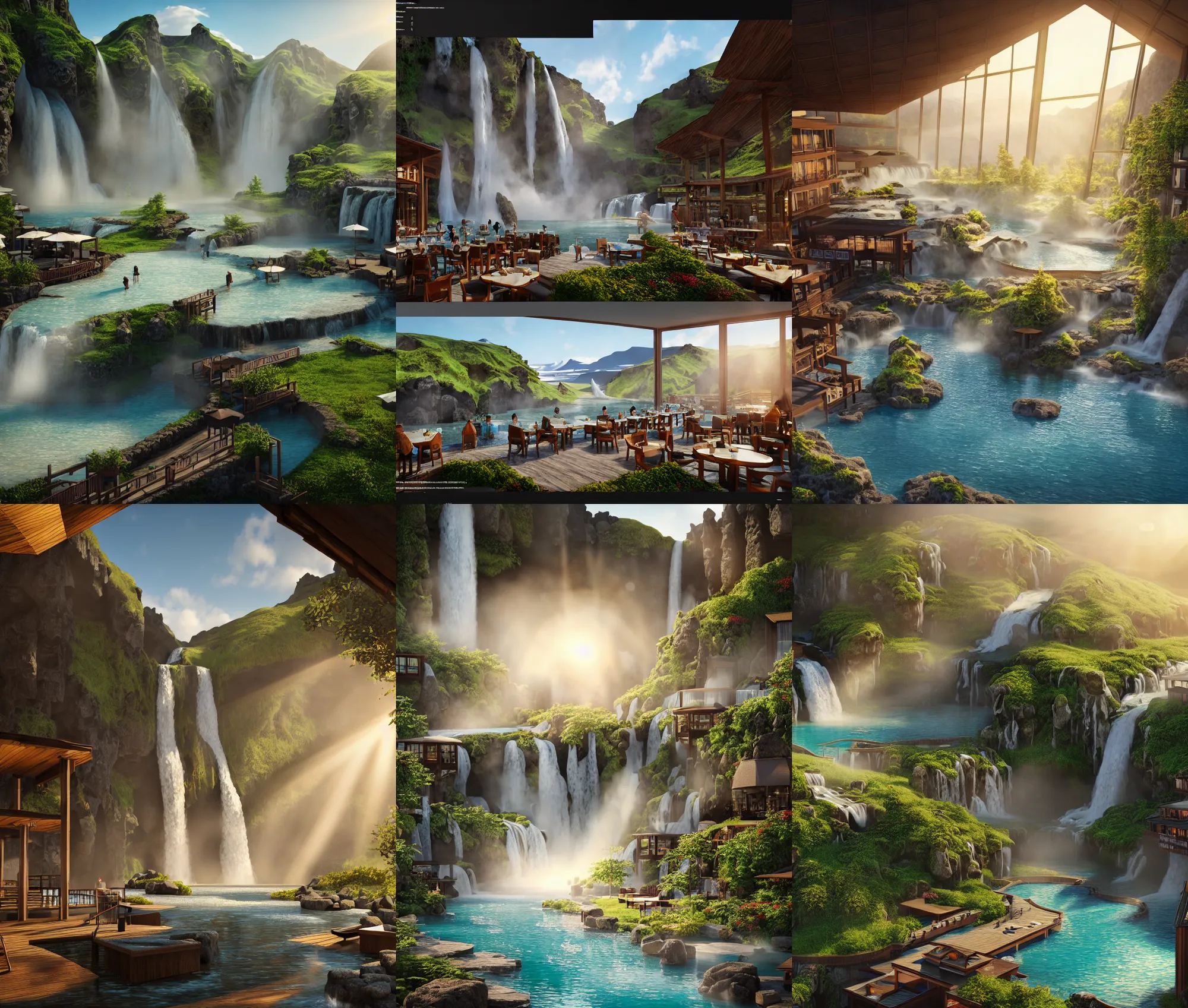 Prompt: establishing wide shot inside resort hotel, beside the combination of iceland hot springs and yangtze river waterfalls, movie still, sunny morning light, soft sunbeam, travel ad, detailed concept art, artstation, realistic, fine details, 4 k, unreal engine, hyperrealism, detailed textures