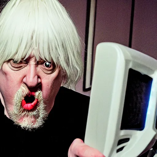 Image similar to obese Edgar Winter wearing a headset yelling at his monitor while playing WoW highly detailed wide angle lens 10:9 aspect ration award winning photography by David Lynch esoteric erasure head