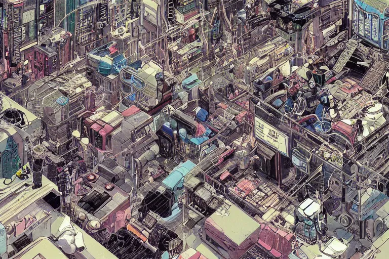 Prompt: a hyper-detailed cyberpunk illustration with a group of android females lying over an empty floor in various poses, with their bodies open and cables and wires coming out, by masamune shirow and katsuhiro otomo, view from above, close up