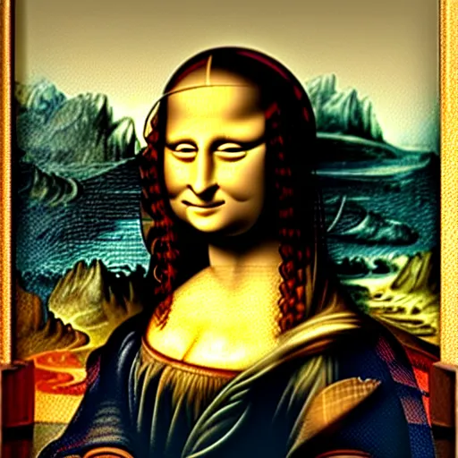 Image similar to mona lisa wearing a astronaut helmeted suit. painted by leonardo davinci