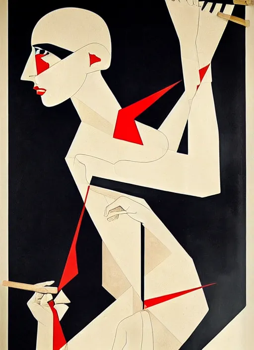 Prompt: constructivism monumental graphic super flat style figurative detailed portrait by avant garde painter and leon bakst, illusion surreal art, highly conceptual figurative art, intricate detailed illustration drawing, controversial poster art, geometrical drawings, no blur