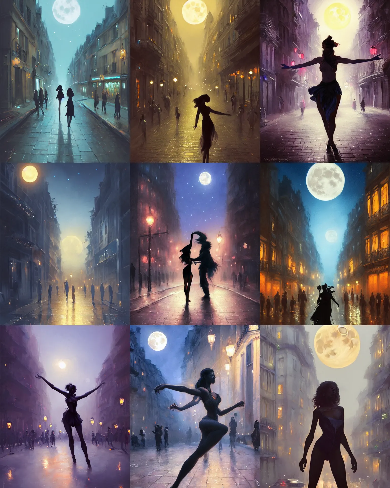 Prompt: portrait of a silhouette passionately dancing in a street in paris at night, blue moonlight, giant moon, by Artgem and Mandy Jurgens and greg rutkowski, fantasy, intricate, elegant, digital painting, concept art, romantic, trending on artstation