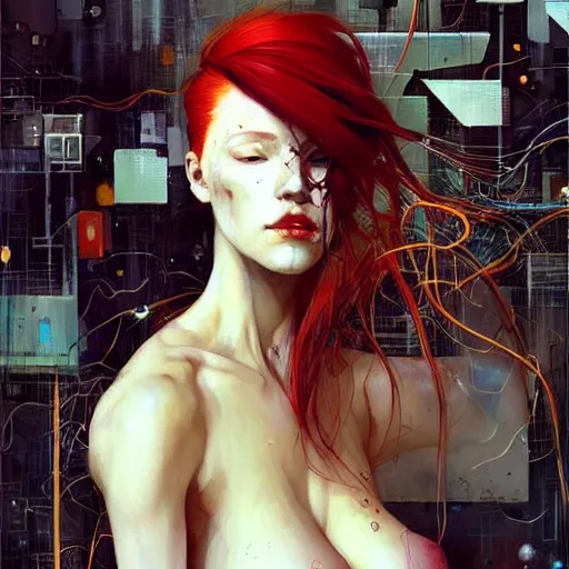 Image similar to beautiful redhead woman, cyberpunk dreams!, wires cybernetic implants!!, in the style of adrian ghenie, esao andrews, jenny saville, surrealism, dark art by james jean, takato yamamoto