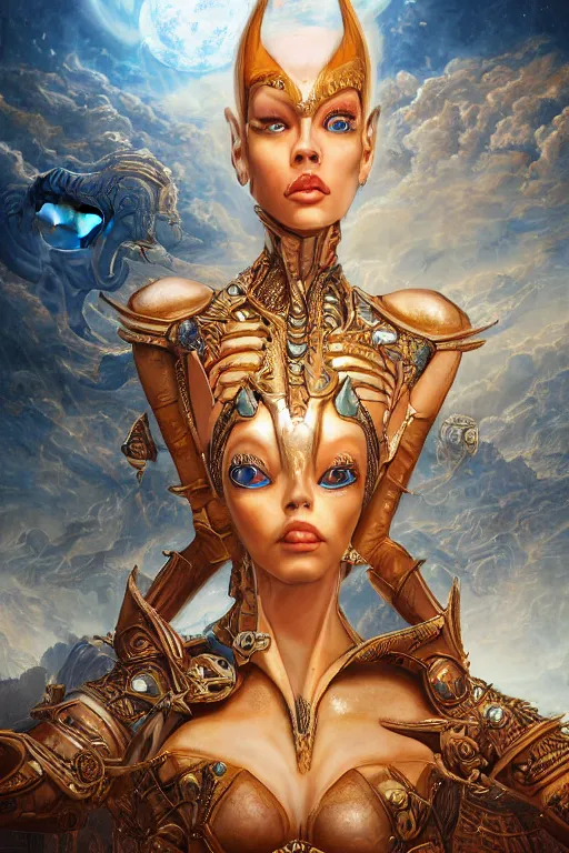 Prompt: portrait of a beautiful female hybrid atlantean anubis elsa jean, alien warrior regal, realistic, refined, detailed, digital art, michael cheval, esao andrews, steampunk, walt disney ( 1 9 3 7 ), francois boucher, oil painting, highly detailed, cinematic lighting, unreal engine, 8 k, hd