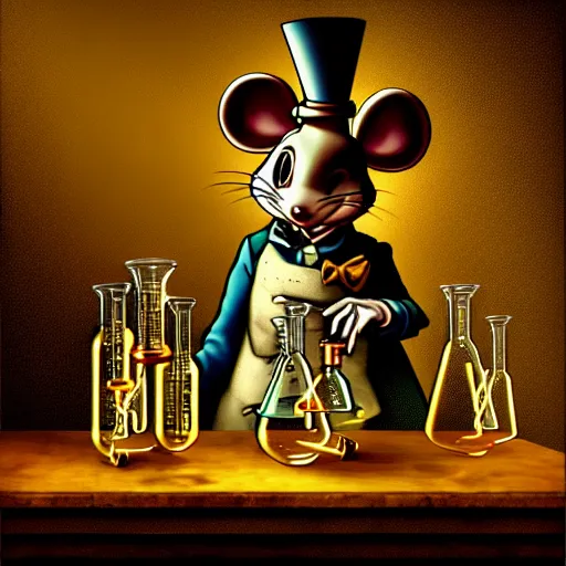 Image similar to anthropomorphic steampunk mouse performing a chemistry experiment with bright radioactive beakers, realistic, chiaroscuro, renaissance art, realistic, intricate textures