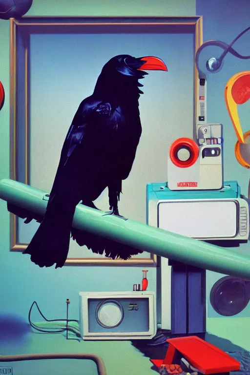 Image similar to a raven investigating 8 0 s era technology, vintage shapes, retro technology, happy color, wayne barlow, oil on canvas, deep depth of field, masterpiece, cinematic composition, hyperdetailed