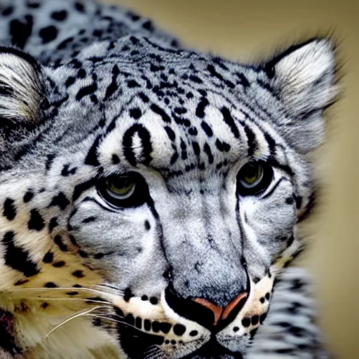 Prompt: A close up of a snow leopard looking to the left.