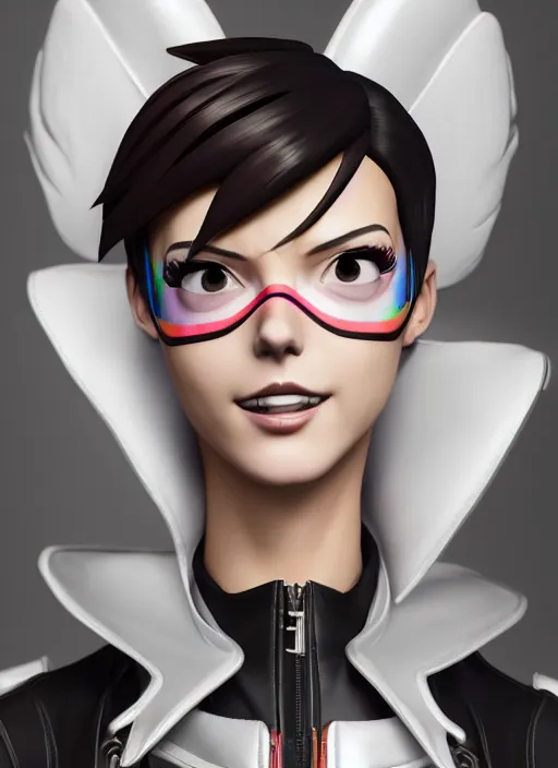 Image similar to portrait bust digital artwork of tracer overwatch, wearing white iridescent rainbow latex and leather straps catsuit outfit, 4 k, expressive happy smug expression, makeup, in style of mark arian, angel wings, wearing detailed black leather collar collar collar collar, chains, black leather harness, detailed face and eyes,